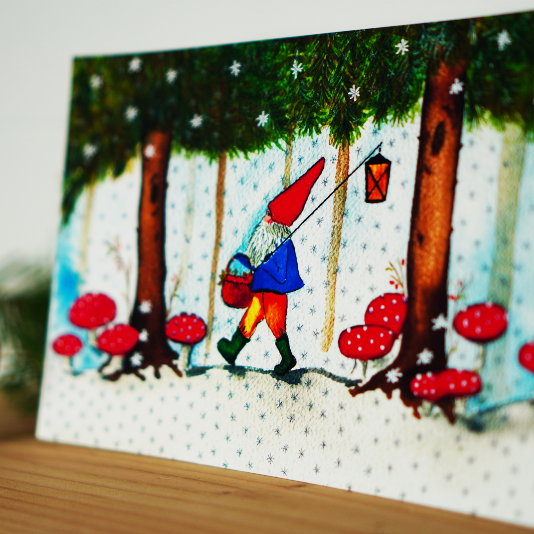 Scandish Home Art Watercolor Gnome Walking Home