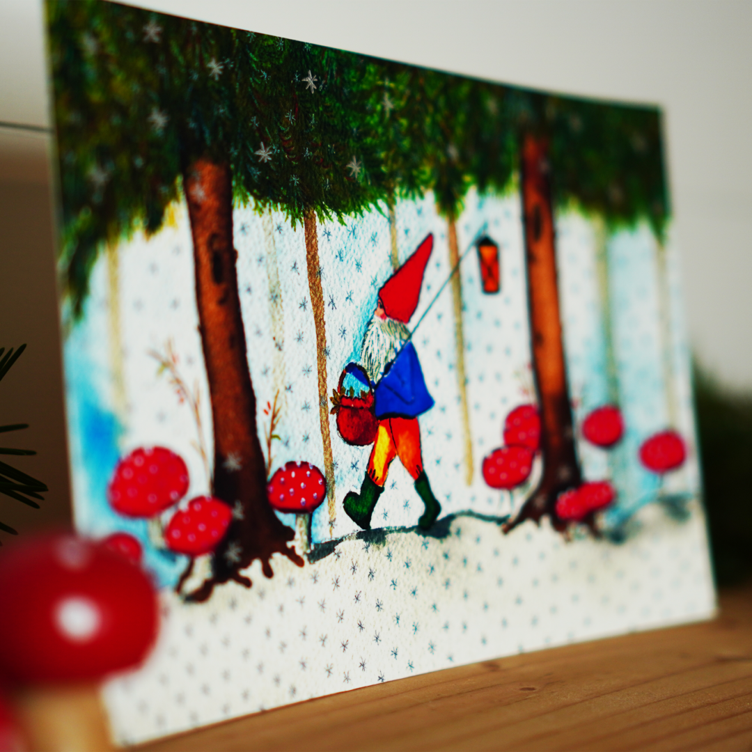 Scandish Home Art Watercolor Gnome Walking Home